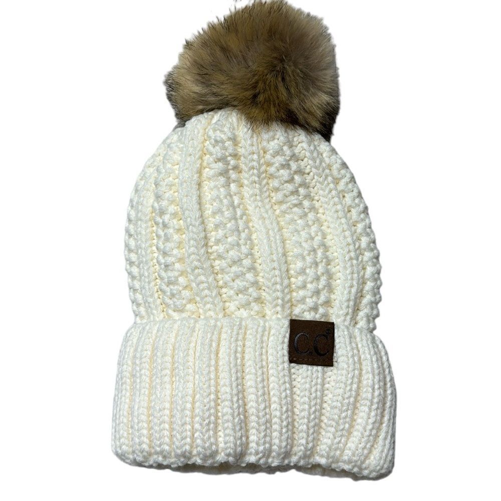 C.C. Winter Sherpa Fleeced Lined Chunky Knit Stretch Pom Pom Hat.